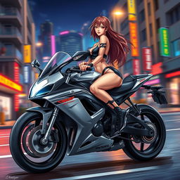 A hyper-realistic illustration of a beautiful female character inspired by hentai manga, confidently riding a sleek sportsbike