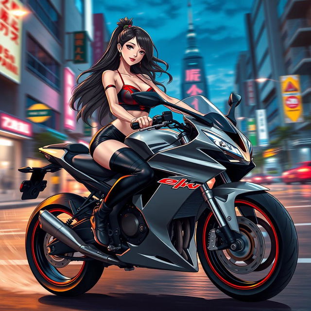 A hyper-realistic illustration of a beautiful female character inspired by hentai manga, confidently riding a sleek sportsbike