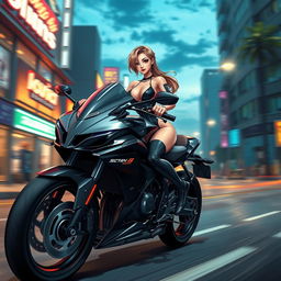 A hyper-realistic illustration of a beautiful female character inspired by hentai manga, confidently riding a sleek sportsbike
