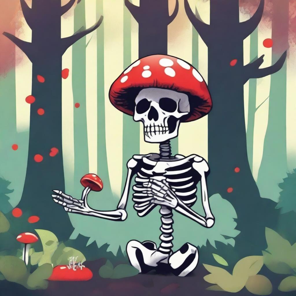 A high-quality digital art image featuring a skeleton with a mushroom for a head