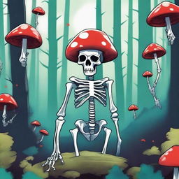 A high-quality digital art image featuring a skeleton with a mushroom for a head