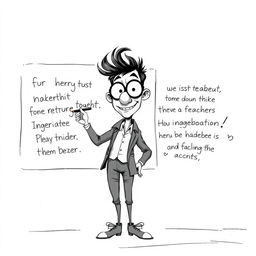 A nonrealistic black and white illustration of an English teacher writing on a whiteboard, emphasizing a predominantly white scene