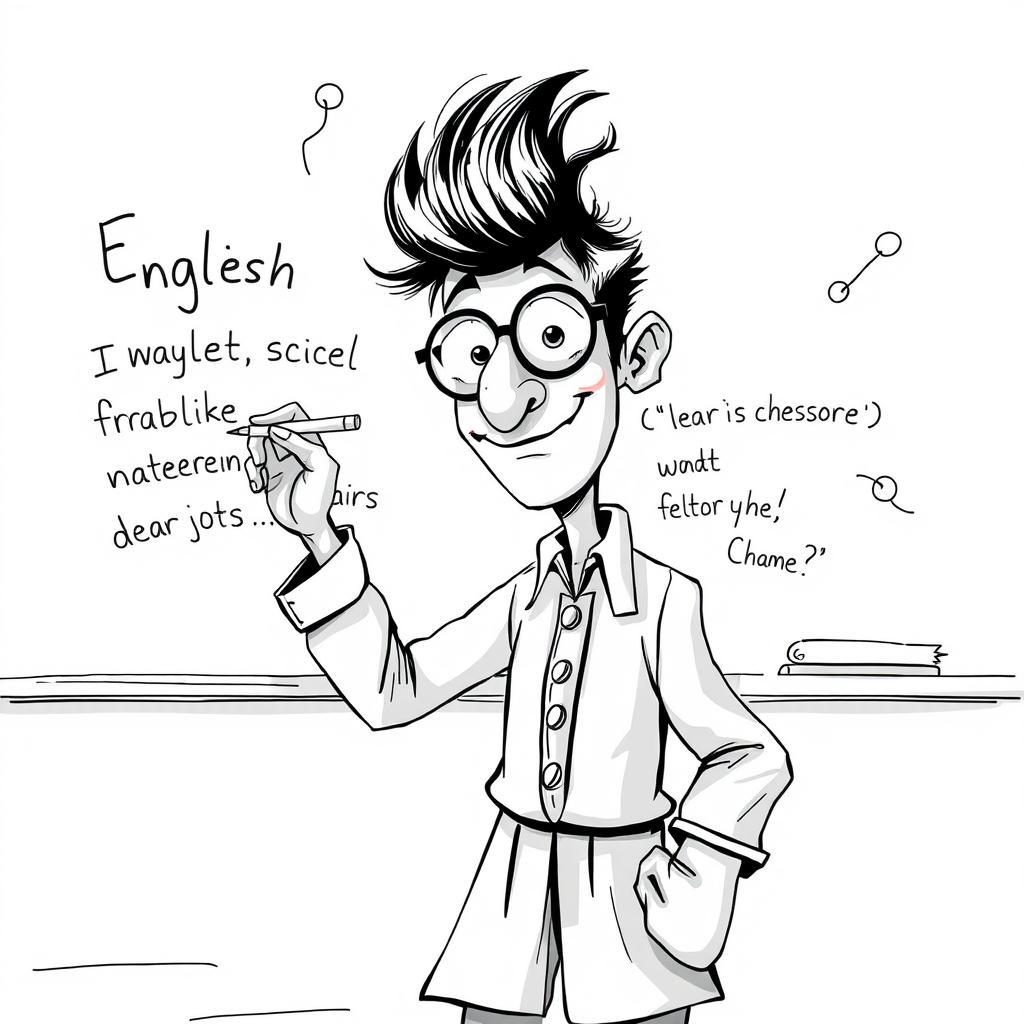 A nonrealistic black and white illustration of an English teacher writing on a whiteboard, emphasizing a predominantly white scene