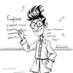 A nonrealistic black and white illustration of an English teacher writing on a whiteboard, emphasizing a predominantly white scene