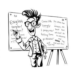 A nonrealistic black and white illustration of an English teacher writing on a whiteboard, emphasizing a predominantly white scene