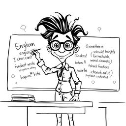 A nonrealistic black and white illustration of an English teacher writing on a whiteboard, emphasizing a predominantly white scene