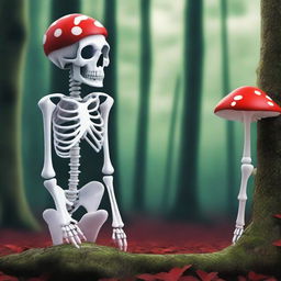 This is a high-quality digital art image, showcasing a unique skeleton with a mushroom as its head