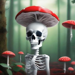 This is a high-quality digital art image, showcasing a unique skeleton with a mushroom as its head