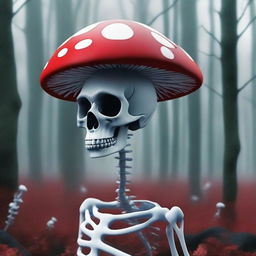 This is a high-quality digital art image, showcasing a unique skeleton with a mushroom as its head