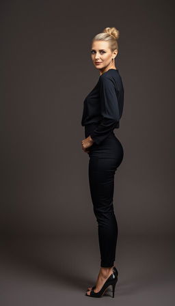 A stunning middle-aged woman standing confidently in a full-body photo