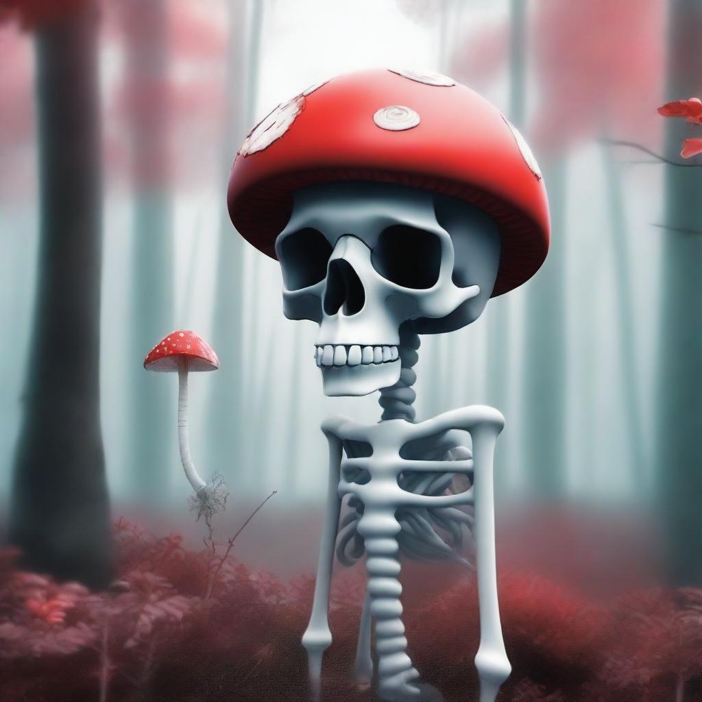 This is a high-quality digital art image, showcasing a unique skeleton with a mushroom as its head