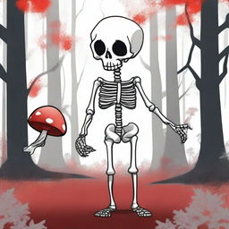 This is a high-quality digital art image showcasing a unique and whimsical character: a skeleton with a mushroom as its head