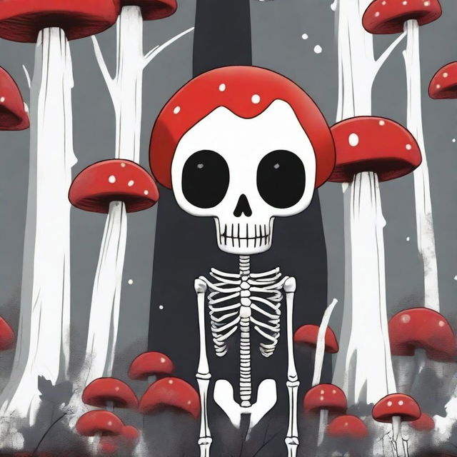 This is a high-quality digital art image showcasing a unique and whimsical character: a skeleton with a mushroom as its head