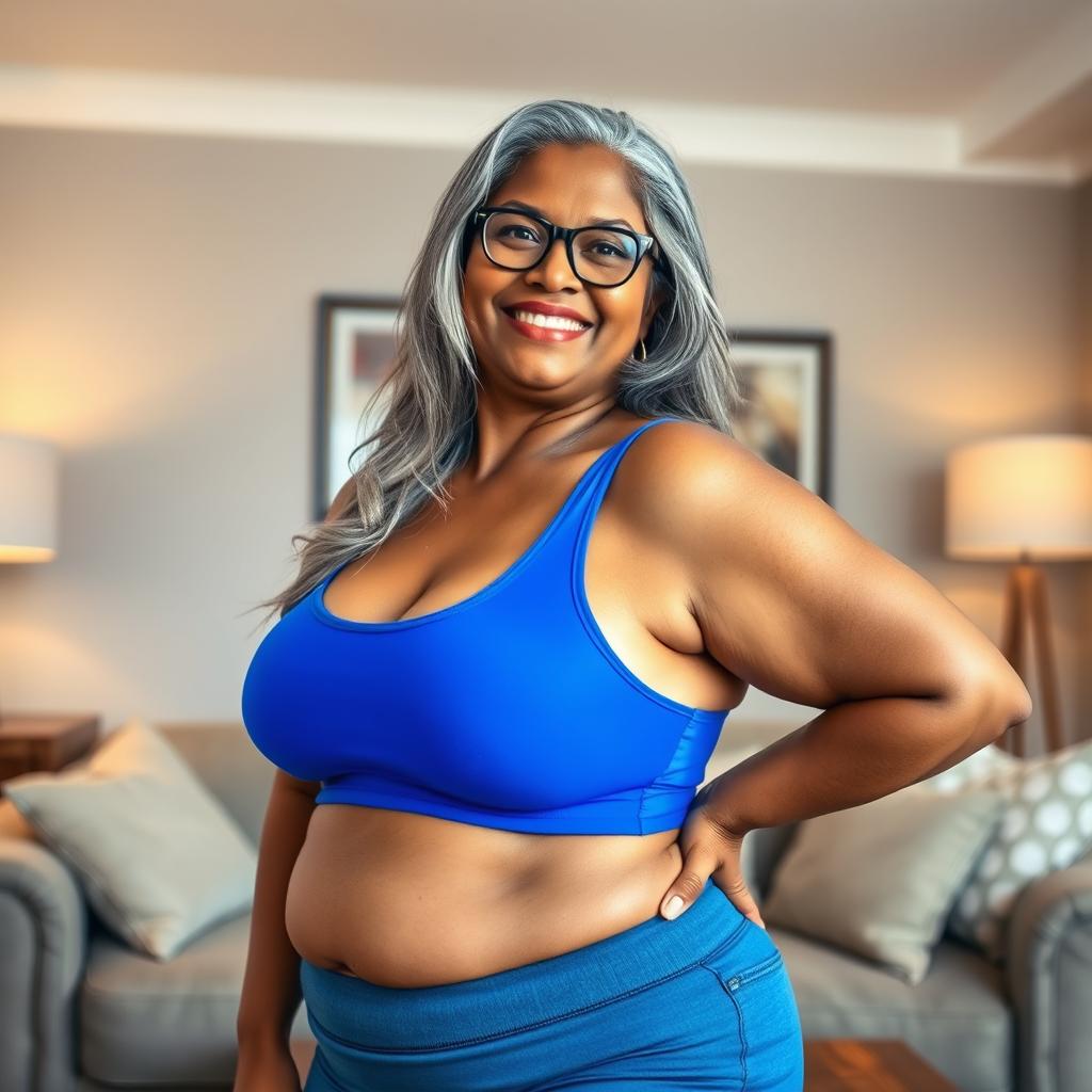 A plus-size dusky Indian mature woman, 50 years old, with long grey hair and glasses, showcasing her sensuality in a stylish living room