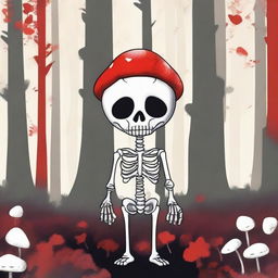 This is a high-quality digital art image showcasing a unique and whimsical character: a skeleton with a mushroom as its head