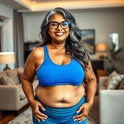 A plus-size dusky Indian mature woman, 50 years old, with long grey hair and glasses, showcasing her sensuality in a stylish living room