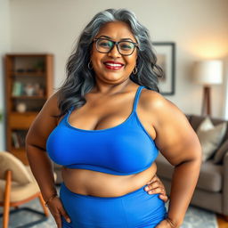 A plus-size dusky Indian mature woman, 50 years old, with long grey hair and glasses, showcasing her sensuality in a stylish living room