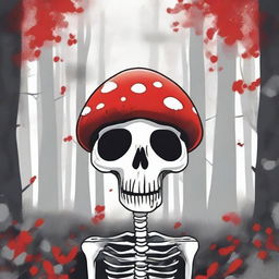 This is a high-quality digital art image showcasing a unique and whimsical character: a skeleton with a mushroom as its head