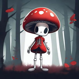 A high-quality digital art image featuring a whimsical character, a mushroom with a skeleton body