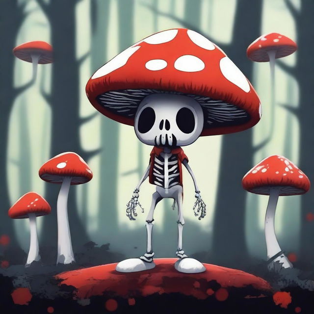 A high-quality digital art image featuring a whimsical character, a mushroom with a skeleton body