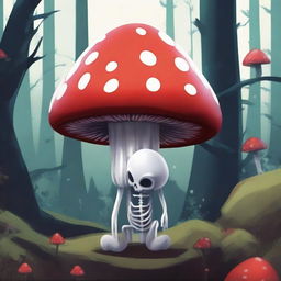 A high-quality digital art image featuring a whimsical character, a mushroom with a skeleton body