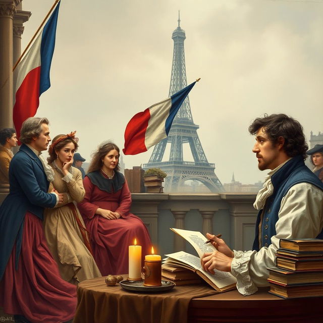 A historical scene depicting French people in 1798 engaged in deep thought and conversation about the promises of the French Revolution, filled with hope and ambition