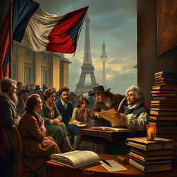 A historical scene depicting French people in 1798 engaged in deep thought and conversation about the promises of the French Revolution, filled with hope and ambition