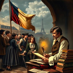 A historical scene depicting French people in 1798 engaged in deep thought and conversation about the promises of the French Revolution, filled with hope and ambition