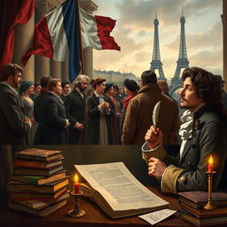 A historical scene depicting French people in 1798 engaged in deep thought and conversation about the promises of the French Revolution, filled with hope and ambition