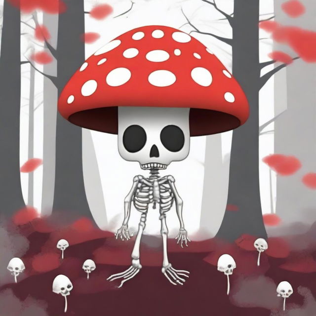 This is a high-quality digital art image that presents a unique and whimsical character, a mushroom with a skeleton body but no skull