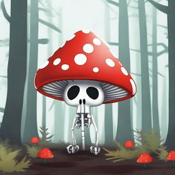 This is a high-quality digital art image that presents a unique and whimsical character, a mushroom with a skeleton body but no skull