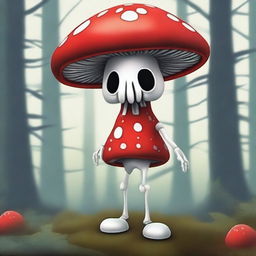 This is a high-quality digital art image that presents a unique and whimsical character, a mushroom with a skeleton body but no skull