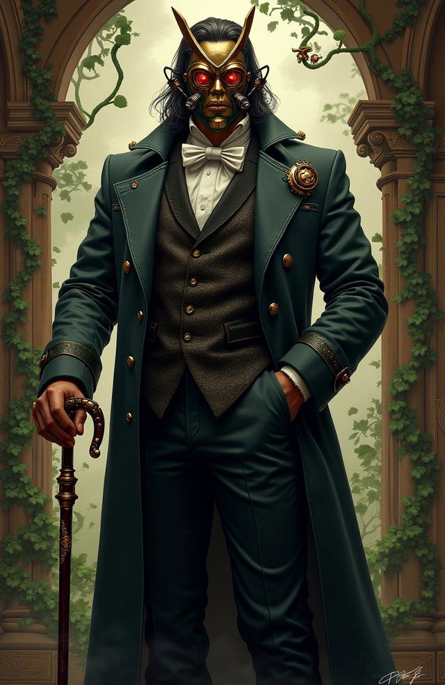 A steampunk rendition of Ra's al Ghul, featuring a sophisticated and imposing figure surrounded by elaborate Victorian-style architecture and nature intertwined with machinery