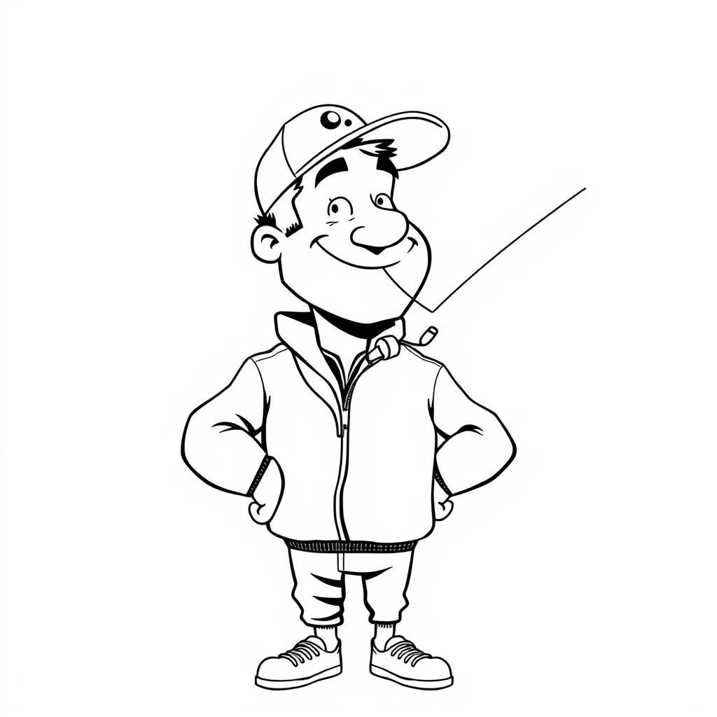 A nonrealistic black and white illustration of a sports teacher with a whimsical style, sporting a whistle hanging from his mouth