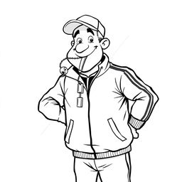 A nonrealistic black and white illustration of a sports teacher with a whimsical style, sporting a whistle hanging from his mouth