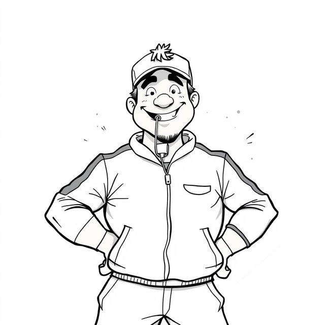 A nonrealistic black and white illustration of a sports teacher with a whimsical style, sporting a whistle hanging from his mouth