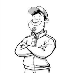 A nonrealistic black and white illustration of a sports teacher with a whimsical style, sporting a whistle hanging from his mouth