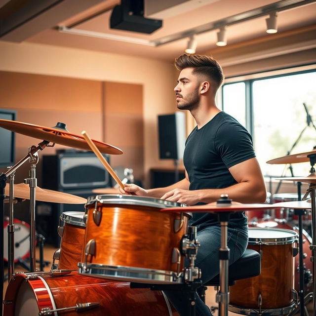 A realistic depiction of a male drummer engaged in playing a drum set, showcasing focused concentration and muscular build