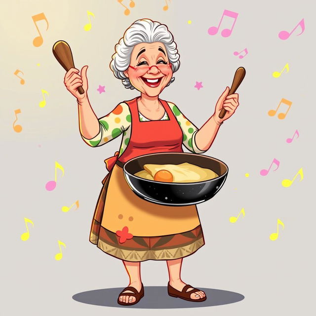 An illustration of a grandmother holding a frying pan in one hand and playing on it like a drum, depicted in full length and in the vibrant, playful style of the game IncrediBox