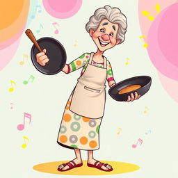 An illustration of a grandmother holding a frying pan in one hand and playing on it like a drum, depicted in full length and in the vibrant, playful style of the game IncrediBox