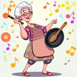 An illustration of a grandmother holding a frying pan in one hand and playing on it like a drum, depicted in full length and in the vibrant, playful style of the game IncrediBox