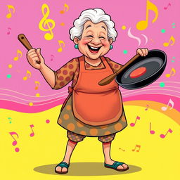 An illustration of a grandmother holding a frying pan in one hand and playing on it like a drum, depicted in full length and in the vibrant, playful style of the game IncrediBox