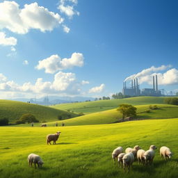 A beautiful, idyllic rural scene featuring a serene shepherd herding sheep in a tranquil landscape with lush green meadows and gentle rolling hills under a blue sky dotted with fluffy white clouds