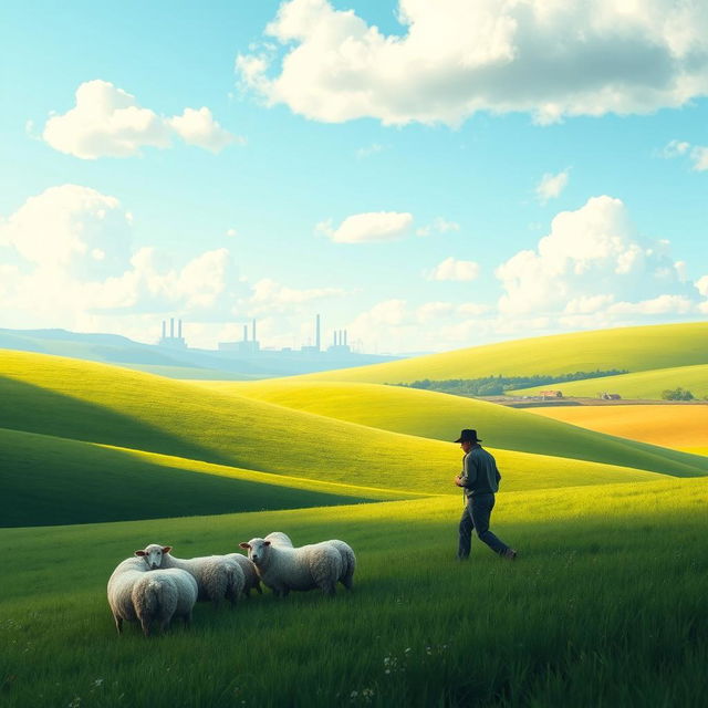 A beautiful, idyllic rural scene featuring a serene shepherd herding sheep in a tranquil landscape with lush green meadows and gentle rolling hills under a blue sky dotted with fluffy white clouds