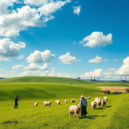 A beautiful, idyllic rural scene featuring a serene shepherd herding sheep in a tranquil landscape with lush green meadows and gentle rolling hills under a blue sky dotted with fluffy white clouds