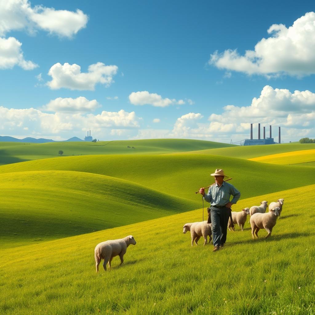 A beautiful, idyllic rural scene featuring a serene shepherd herding sheep in a tranquil landscape with lush green meadows and gentle rolling hills under a blue sky dotted with fluffy white clouds