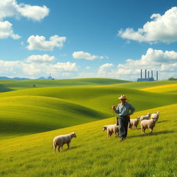 A beautiful, idyllic rural scene featuring a serene shepherd herding sheep in a tranquil landscape with lush green meadows and gentle rolling hills under a blue sky dotted with fluffy white clouds