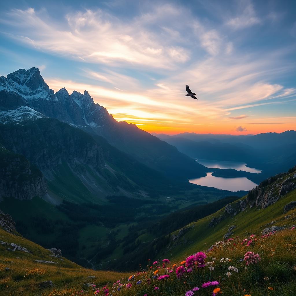 A breathtaking mountain vista with towering peaks covered in snow, lush green valleys below, and a tranquil lake reflecting the blue sky