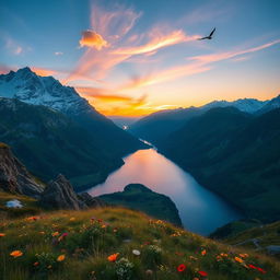 A breathtaking mountain vista with towering peaks covered in snow, lush green valleys below, and a tranquil lake reflecting the blue sky