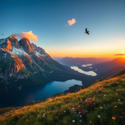A breathtaking mountain vista with towering peaks covered in snow, lush green valleys below, and a tranquil lake reflecting the blue sky
